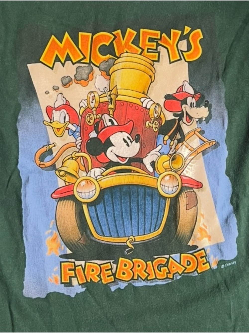 Disney Mickey's Fire Brigade T-Shirt Kids XS Dark Green Graphic Tee Donald Goofy